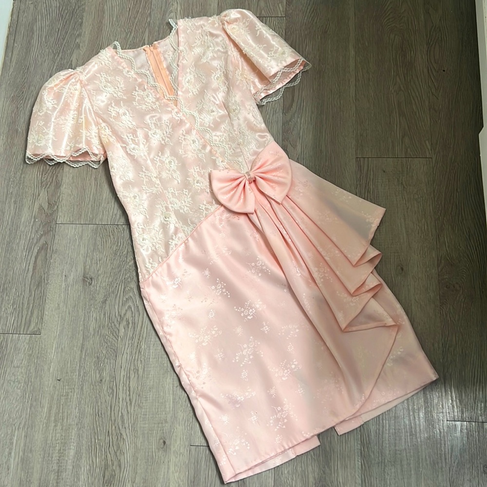 Genuine vintage 80s Barbie pink lace beaded front bow prom formal dress